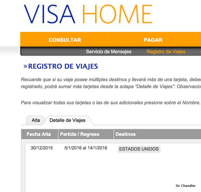 Visa arregló el tema de aviso de viajes en su web