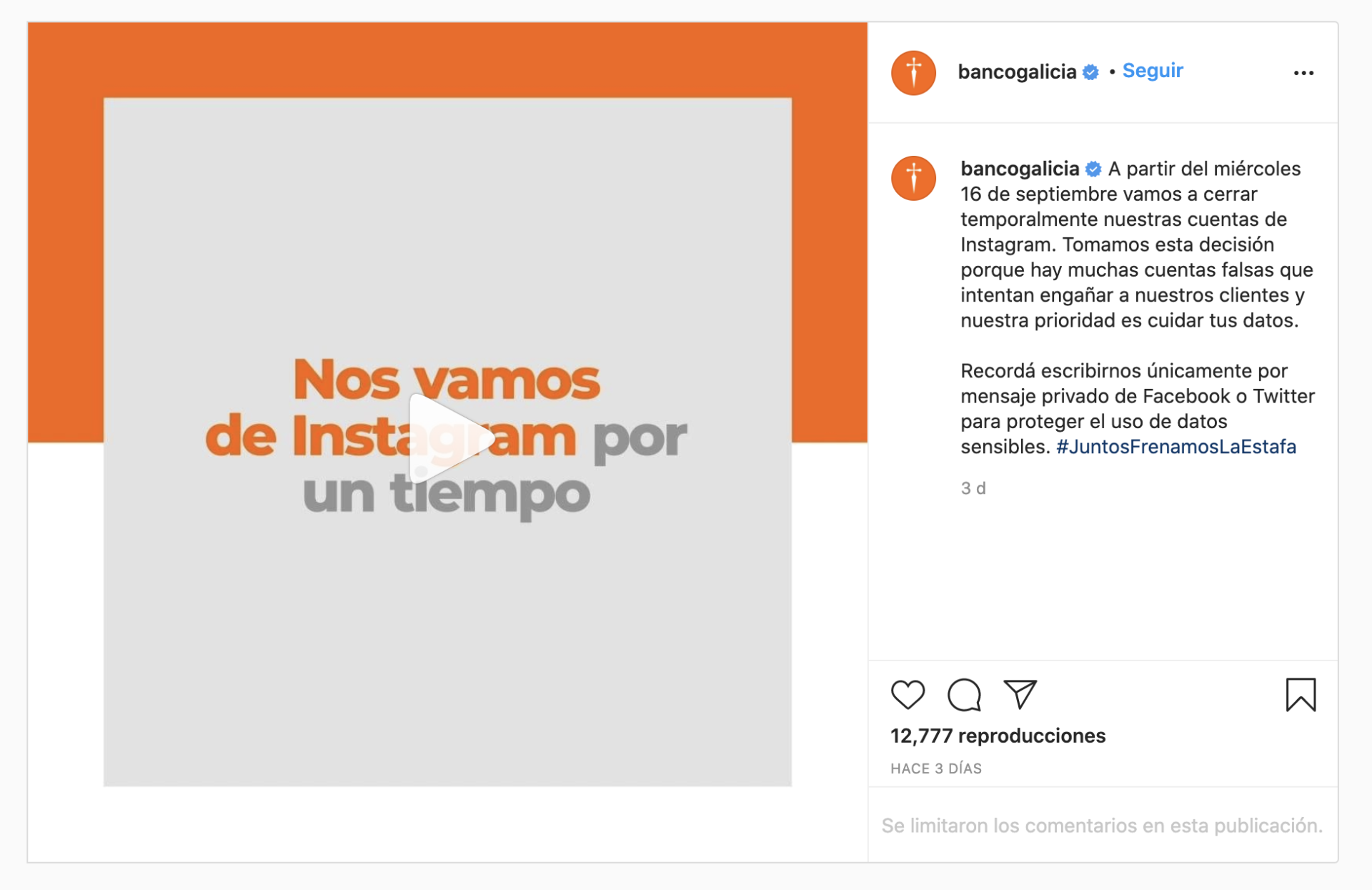 El Banco Galicia bajó la persiana de Instagram Sir Chandler