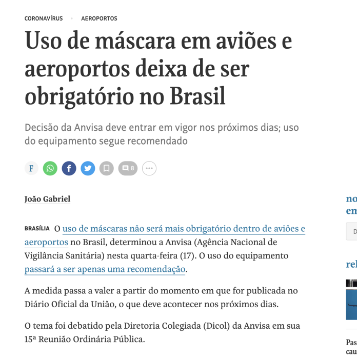 Brasil: deja de ser obligatorio el uso de barbijos - Brasil: restricciones de viaje y coronavirus - Forum South America