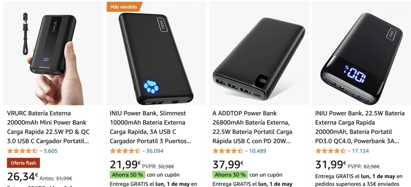 INIU Power Bank, Slimmest 10000mAh Bateria Externa Carga Rapida, 3A USB C  Cargador Portatil 3 Puertos